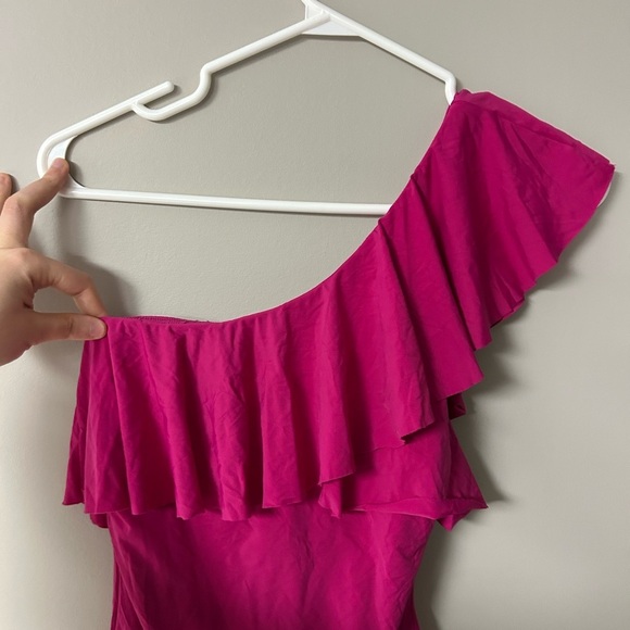 La Vie En Rose Aqua Pink One Shoulder Ruffled Bathing Suit - Picture 2 of 4